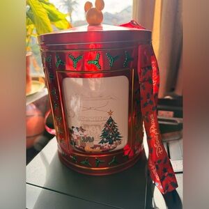 Disneyland Christmas 2023 Festive Red Popcorn tin with Mickey Mouse and Friends